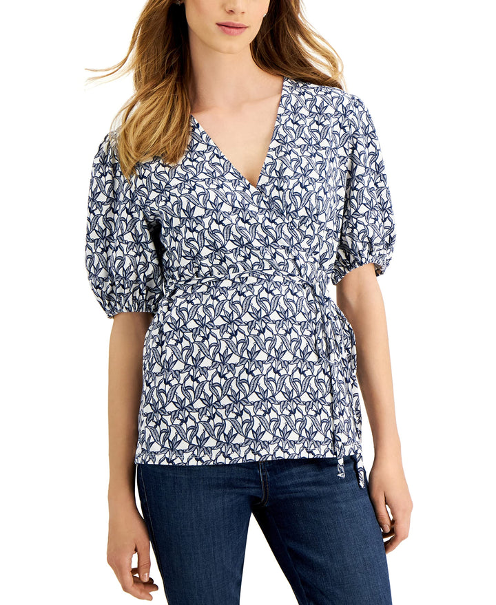 Charter Club Womens Floral Print Wrap Front Knit Top
