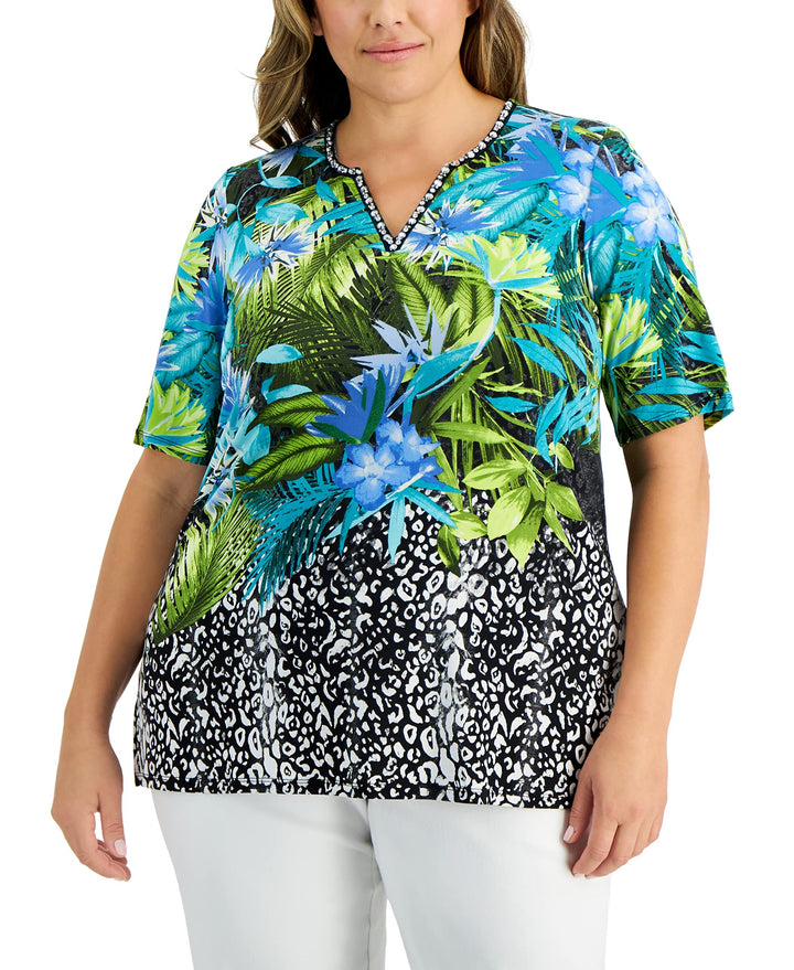 JM Collection Plus Asymmetrical Floral T-Shirt