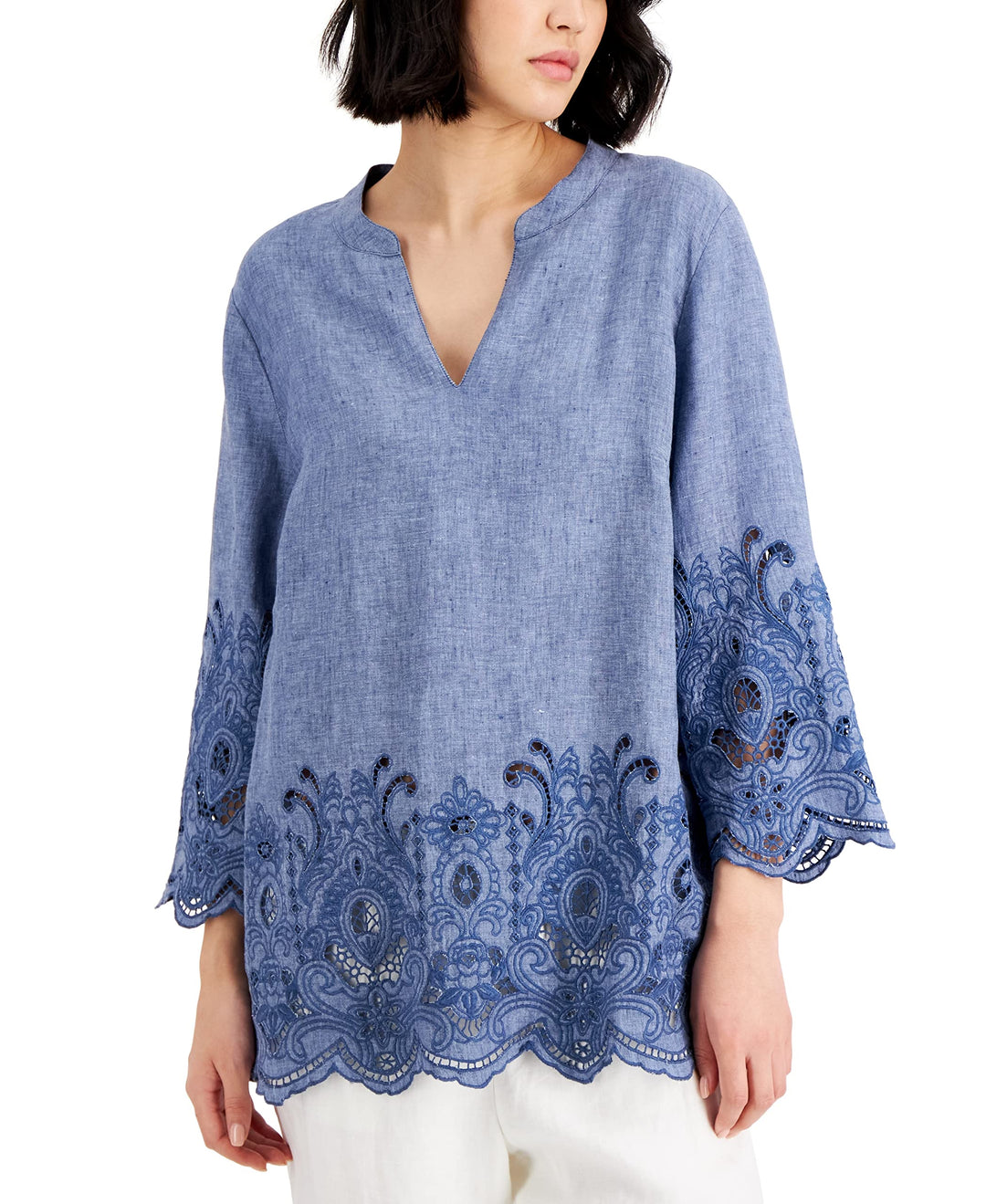 Charter Club Linen Embroidered Hem Tunic