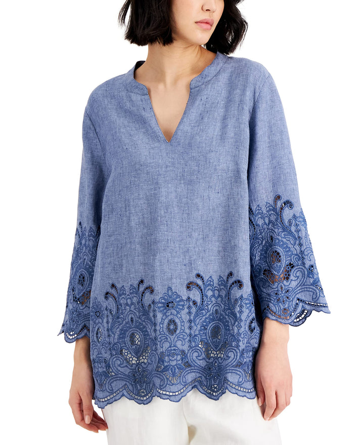 Charter Club Linen Embroidered Hem Tunic