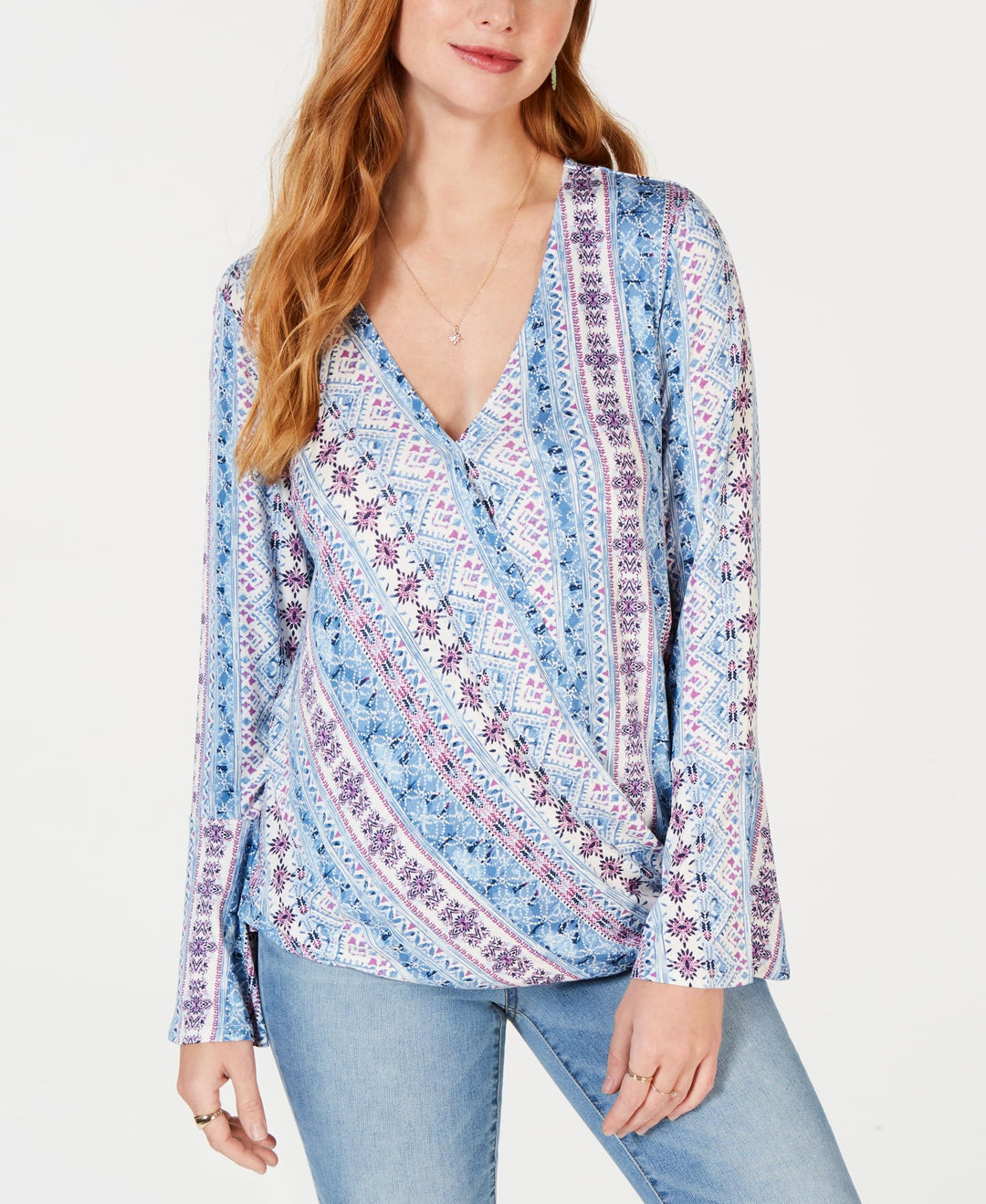 Style & Co Printed Surplice Bell Sleeve Top
