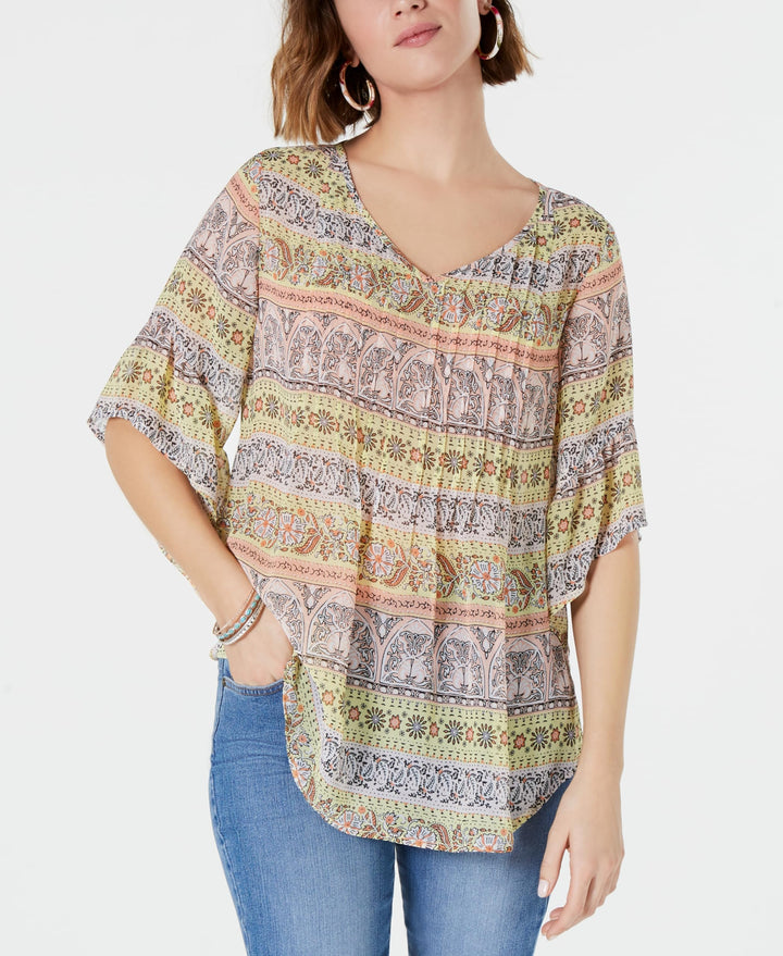 Retro Scarf-Print Pintuck-Pleat Top