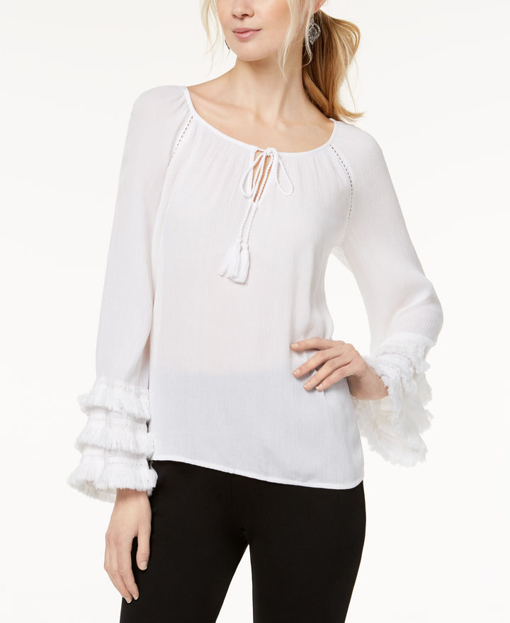 Petite Fringe Trim Peasant Top