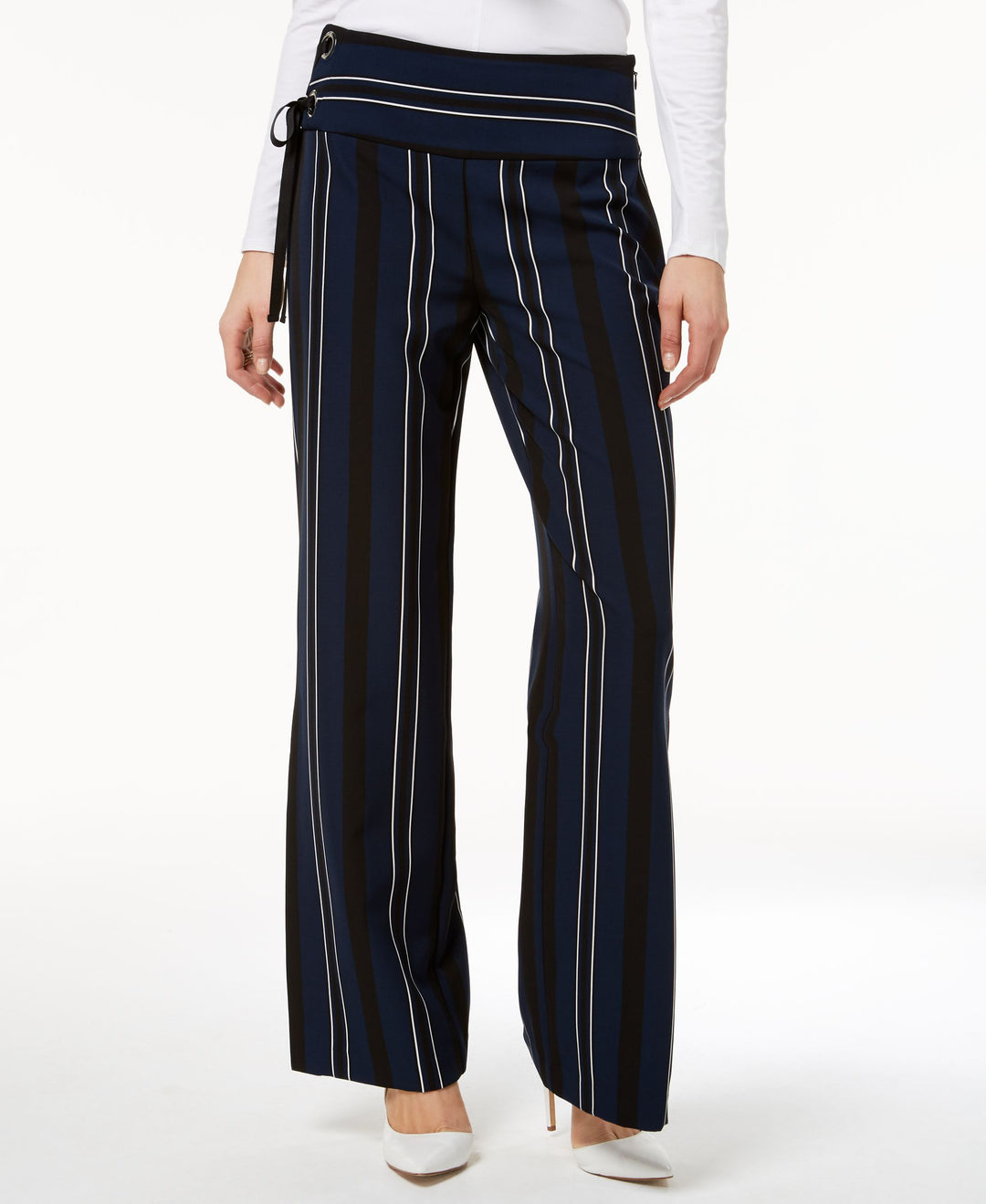 Striped Grommet Lace Up Slit Wide Leg Pants