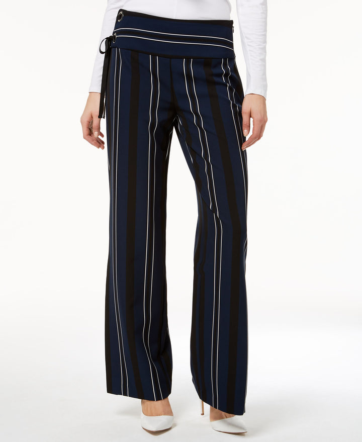 Striped Grommet Lace Up Slit Wide Leg Pants