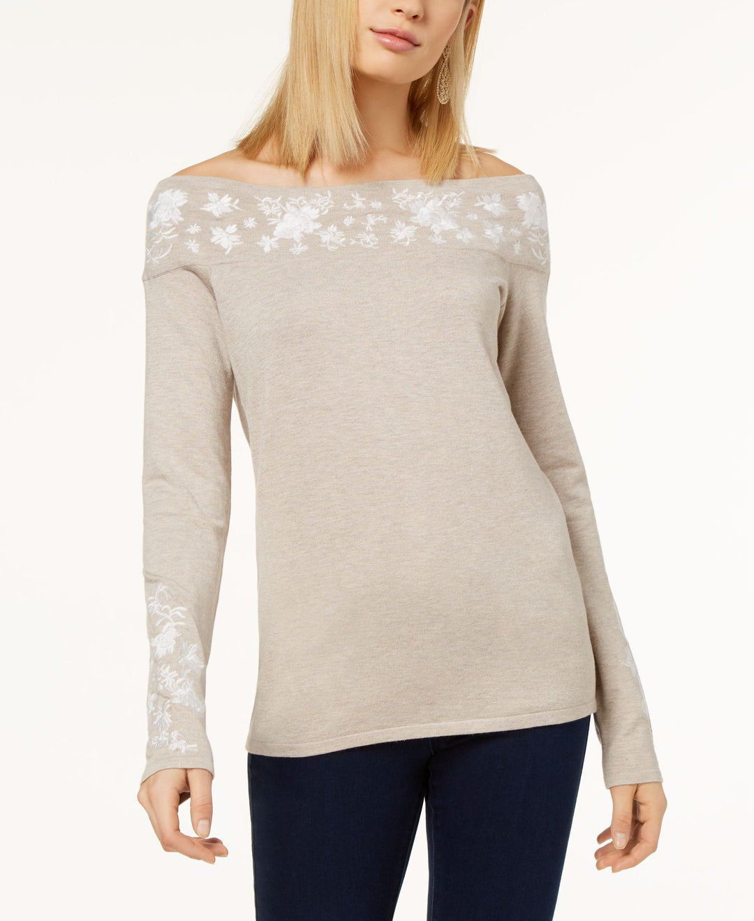 Embroidered Off The Shoulder Sweater