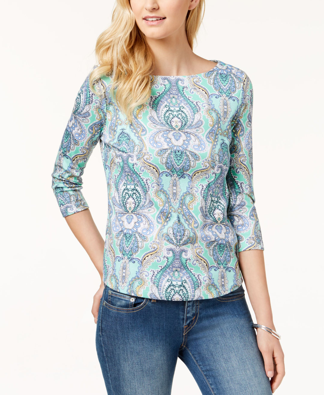 Button-Shoulder Print Top