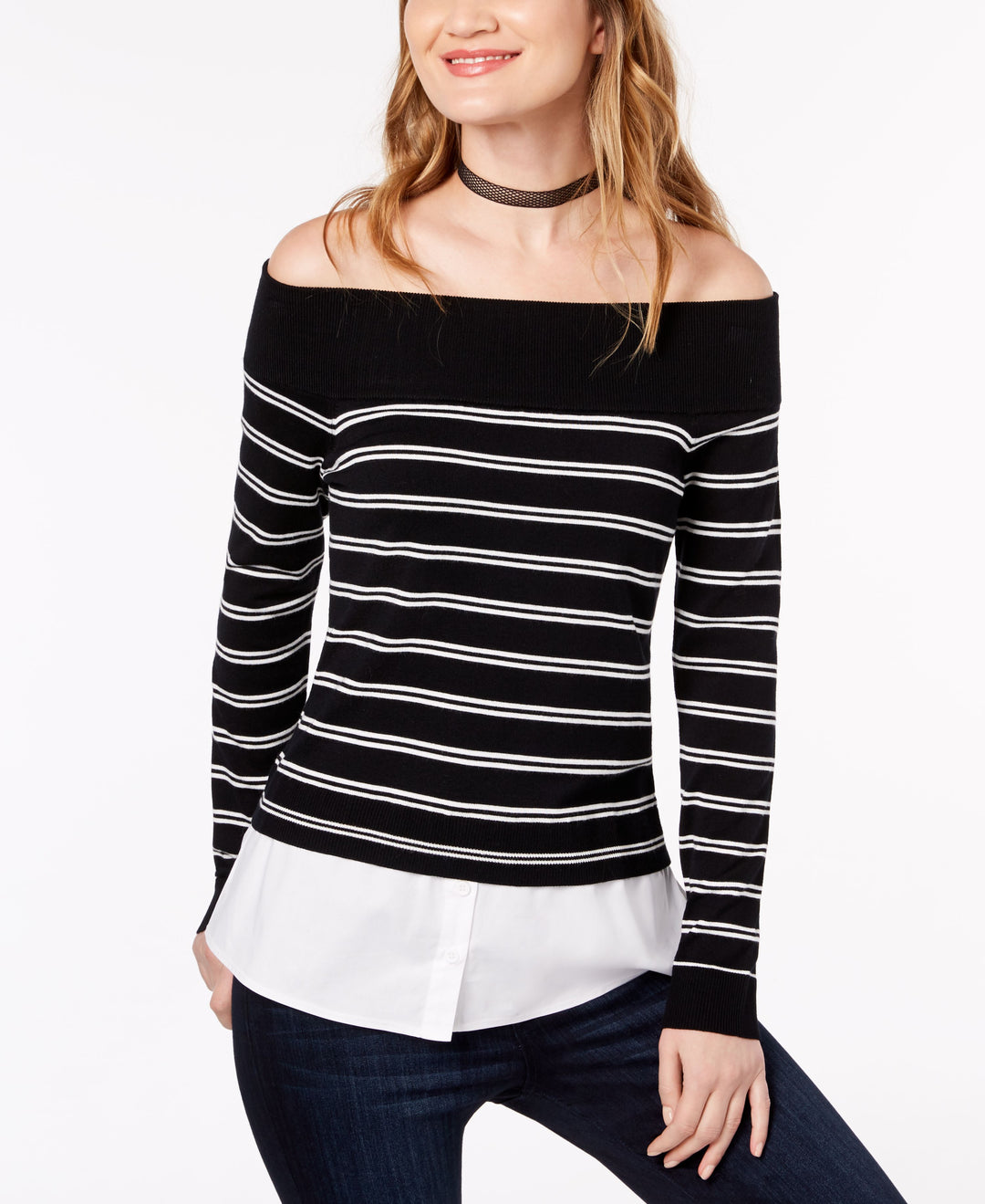 Petite Layered Look Off The Shoulder Sweater