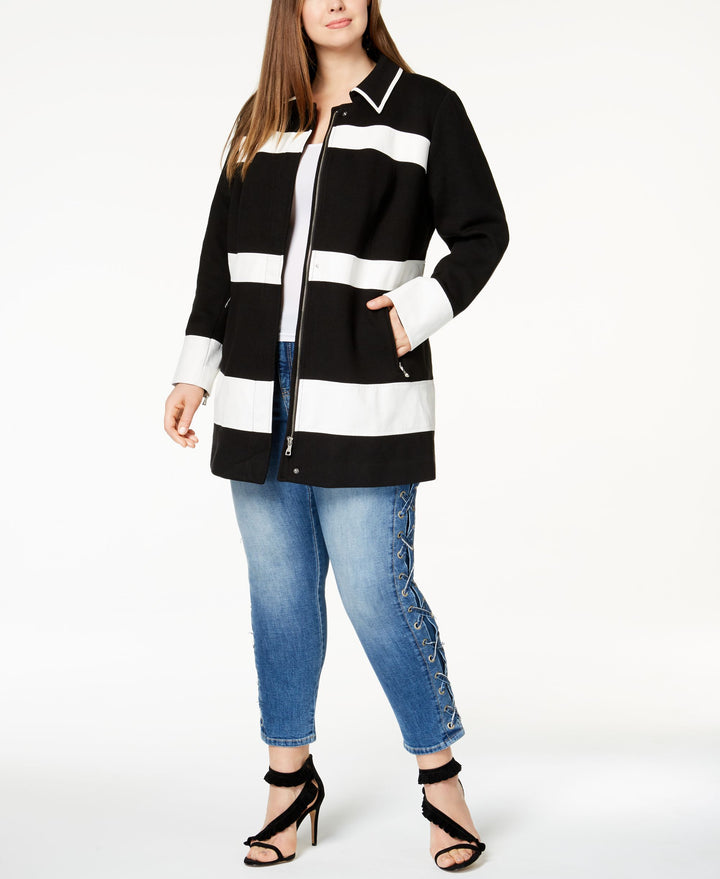 Plus Size Mixed Media Striped Jacket