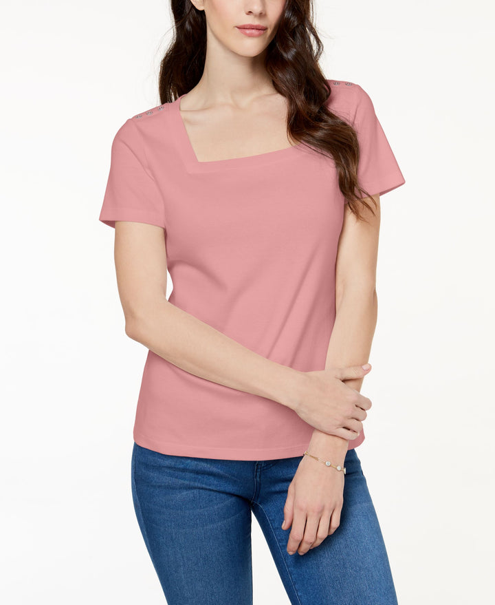 Karen Scott Cotton Square Neck Button Shoulder T-Shirt