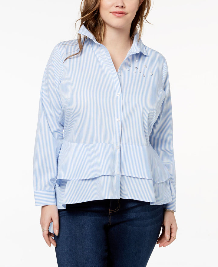 Almost Famous Trendy Plus Size Cotton Embellished High Low Peplum Shirt