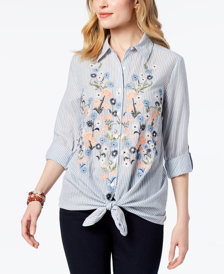 Style & Co Petite Cotton Striped Embroidered Shirt