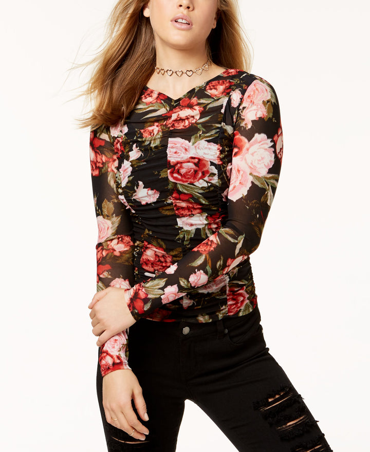 Material Girl Juniors Ruched Rose Print Mesh Top