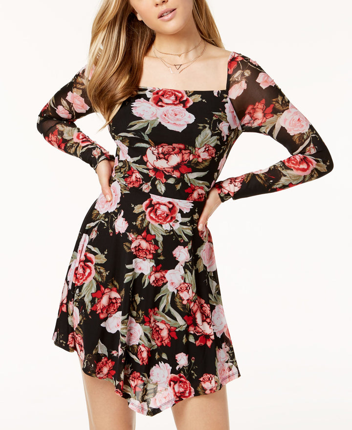 Juniors' Rose-Print Mesh Fit & Flare Dress