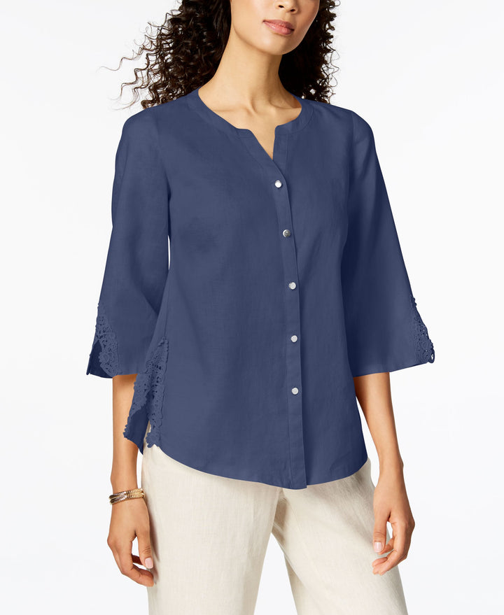 JM Collection Linen Crochet Contrast Shirt