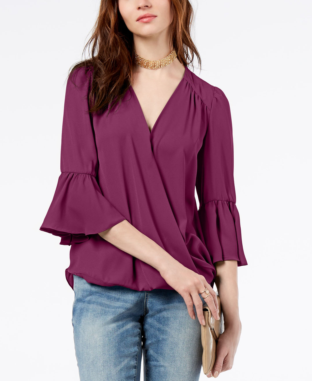 Petite Surplice Bell Sleeve Top