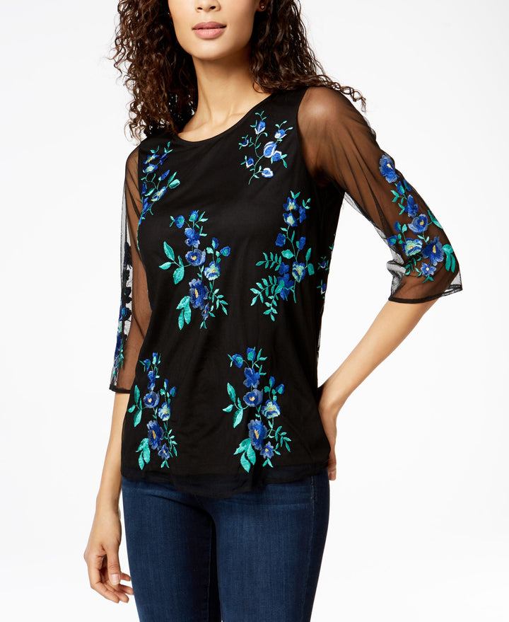 Charter Club Embroidered 3/4 Sleeve Top