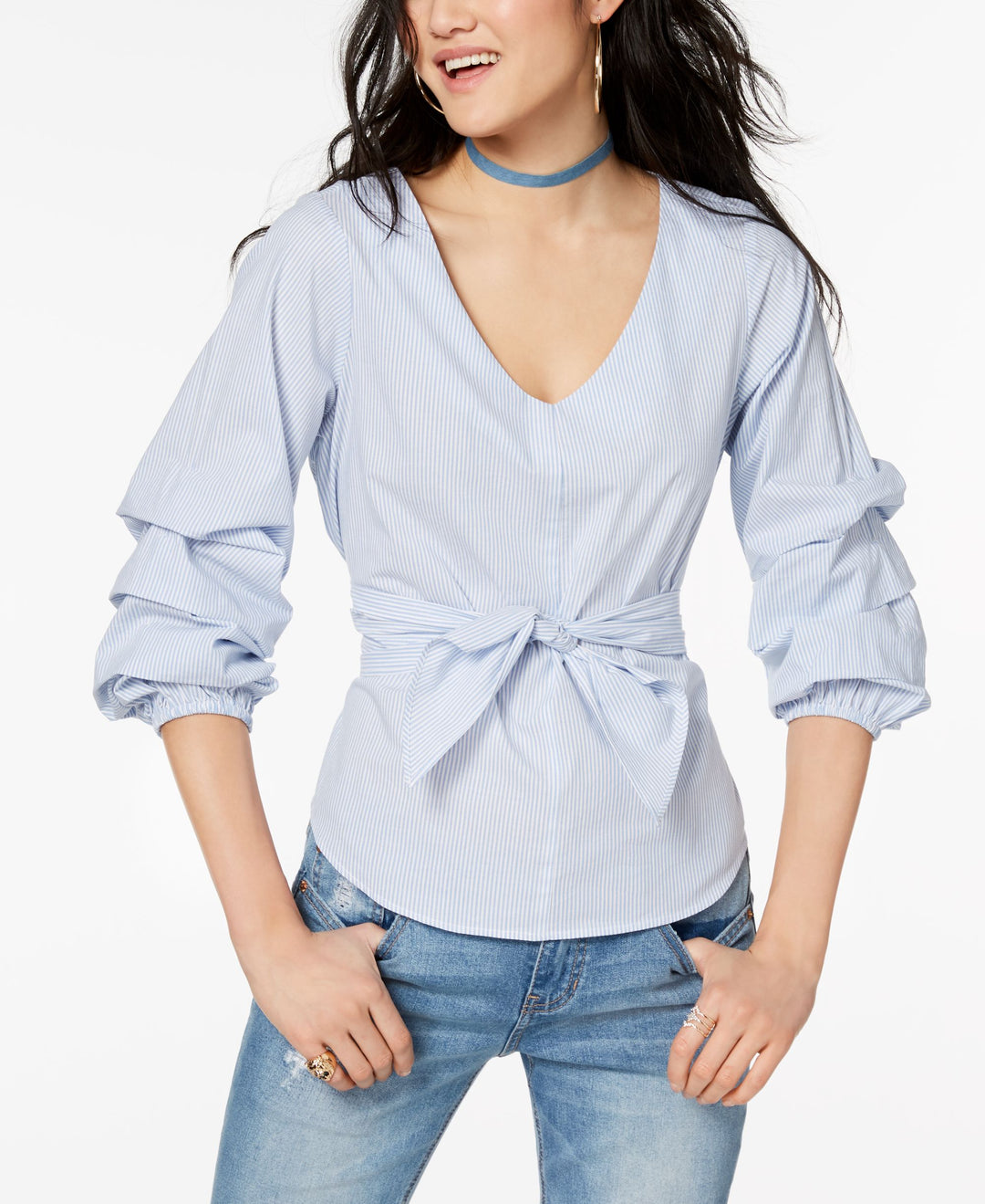 Juniors' Ruffle-Sleeved Tie-Front Blouse