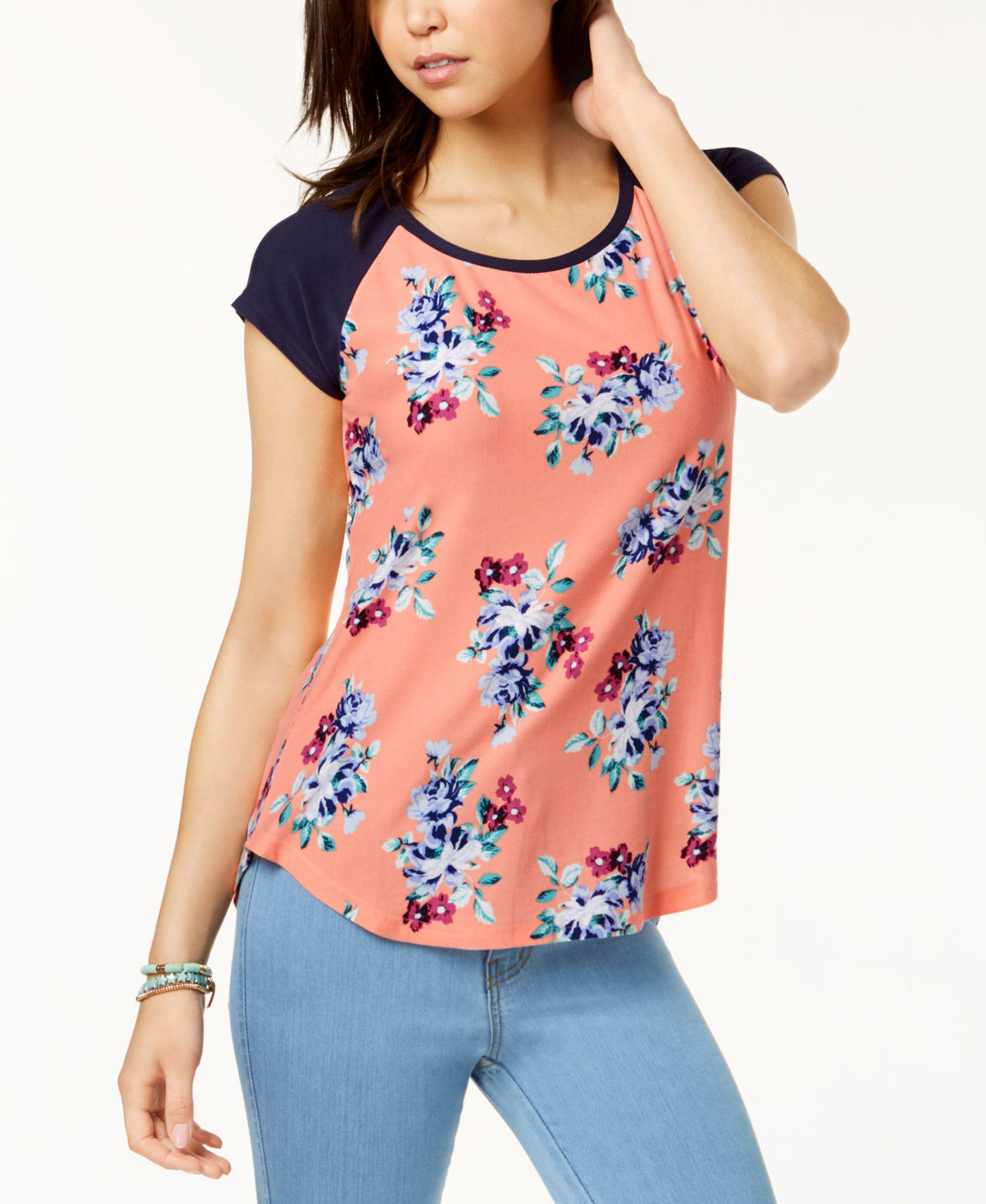 Juniors' Floral-Printed Baseball T-Shirt