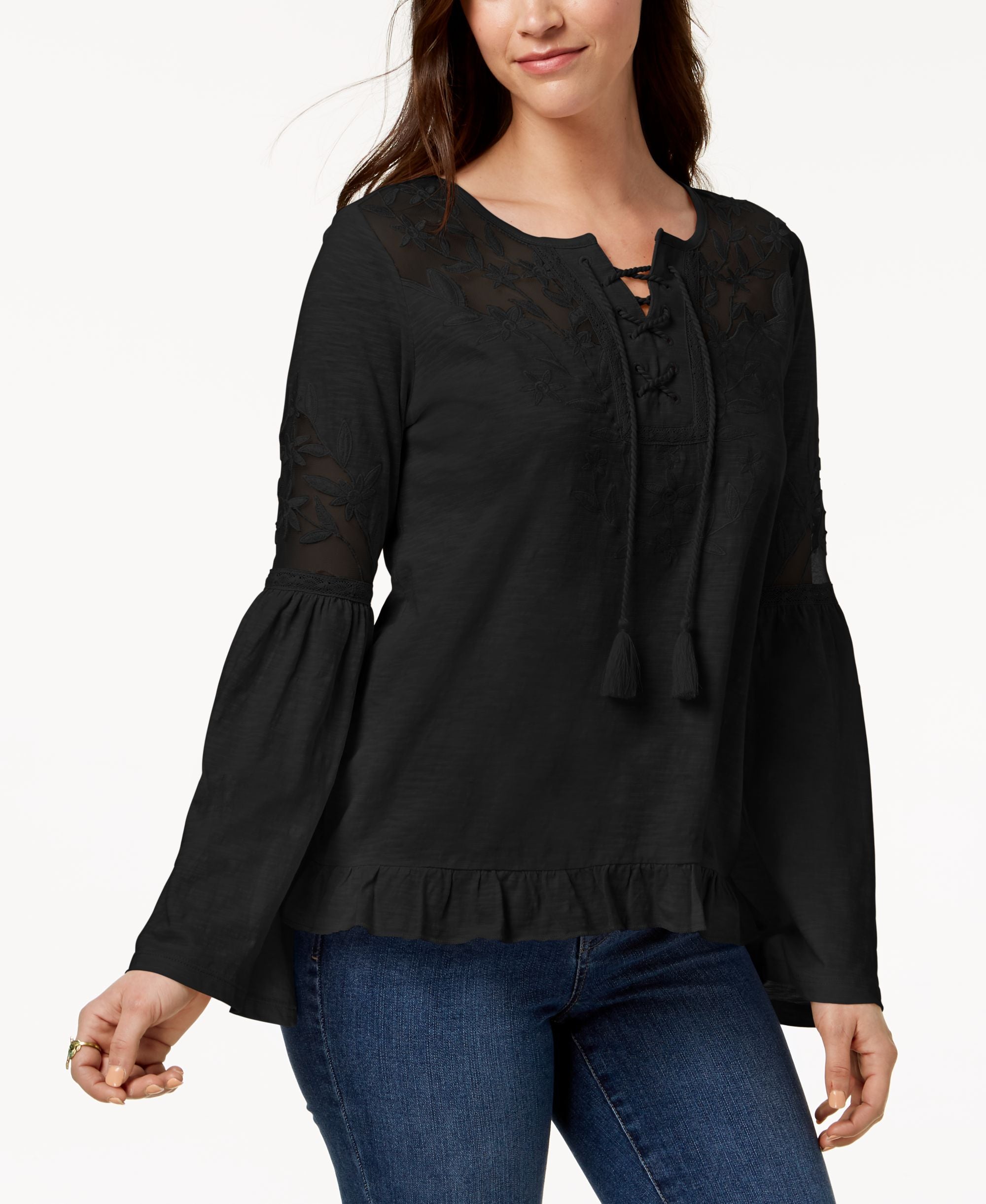 Style & Co Mesh Inset Peasant Top