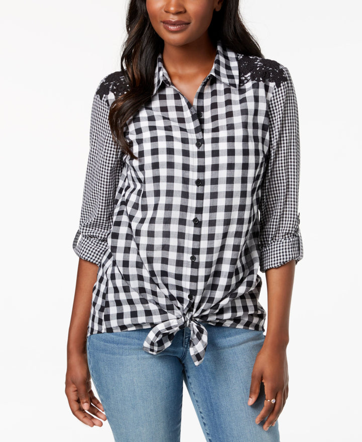 Style & Co Mixed Gingham Tie Front Shirt