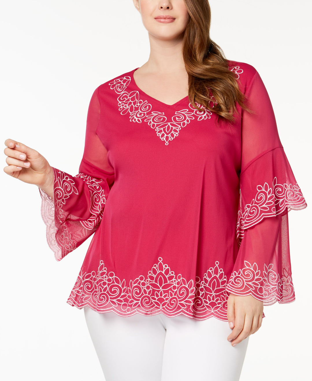 Plus Size Embroidered Spiral-Sleeve Top