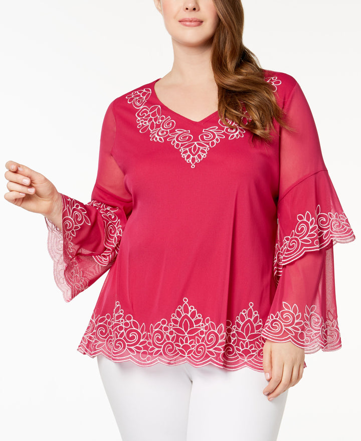 Plus Size Embroidered Spiral-Sleeve Top