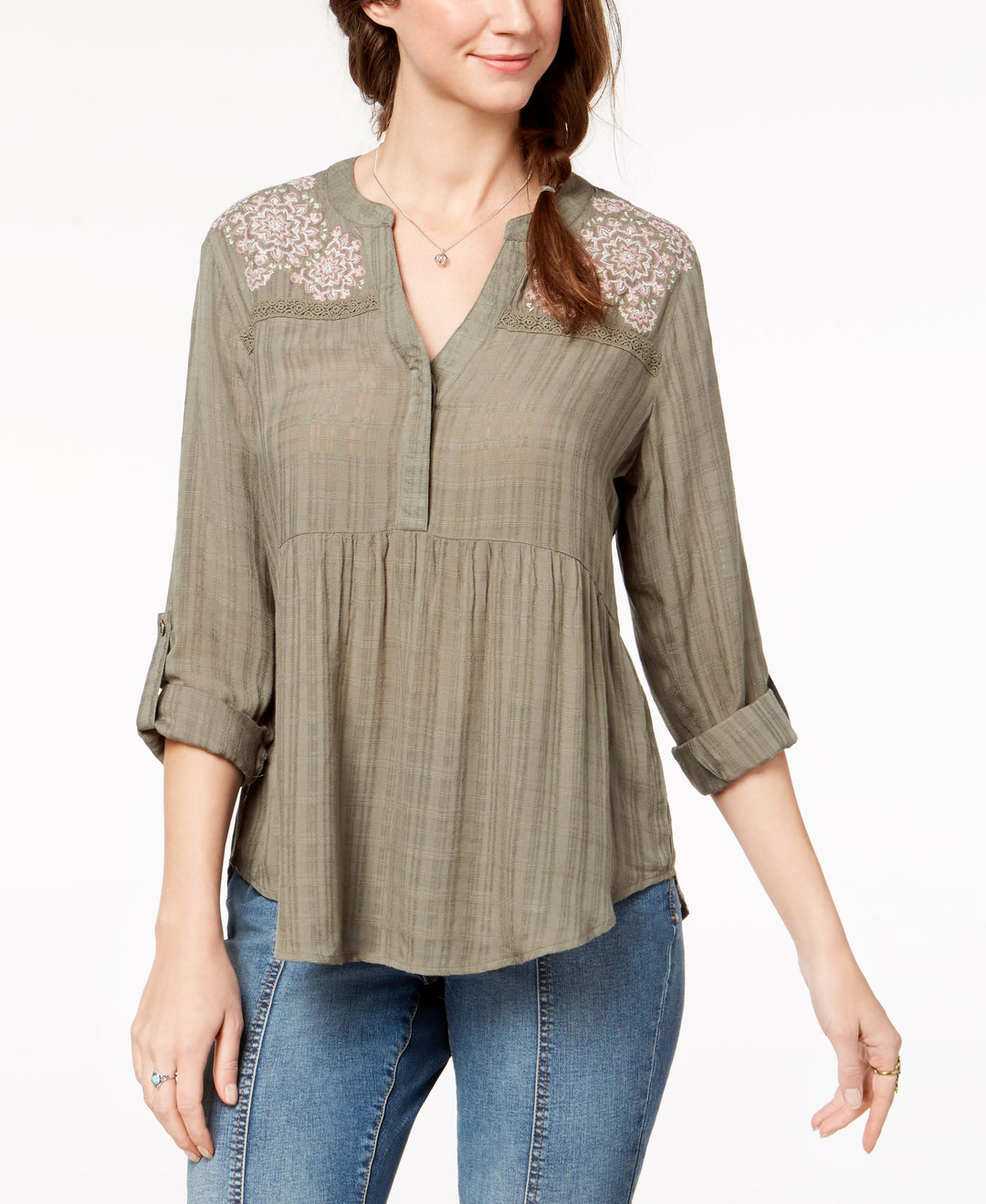 Embroidered Roll-Tab-Sleeve Shirt