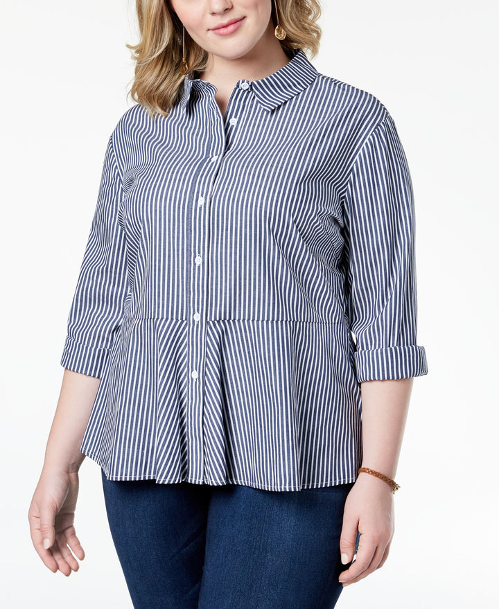Say What Trendy Plus Size Cotton Striped Peplum Button Front Shirt