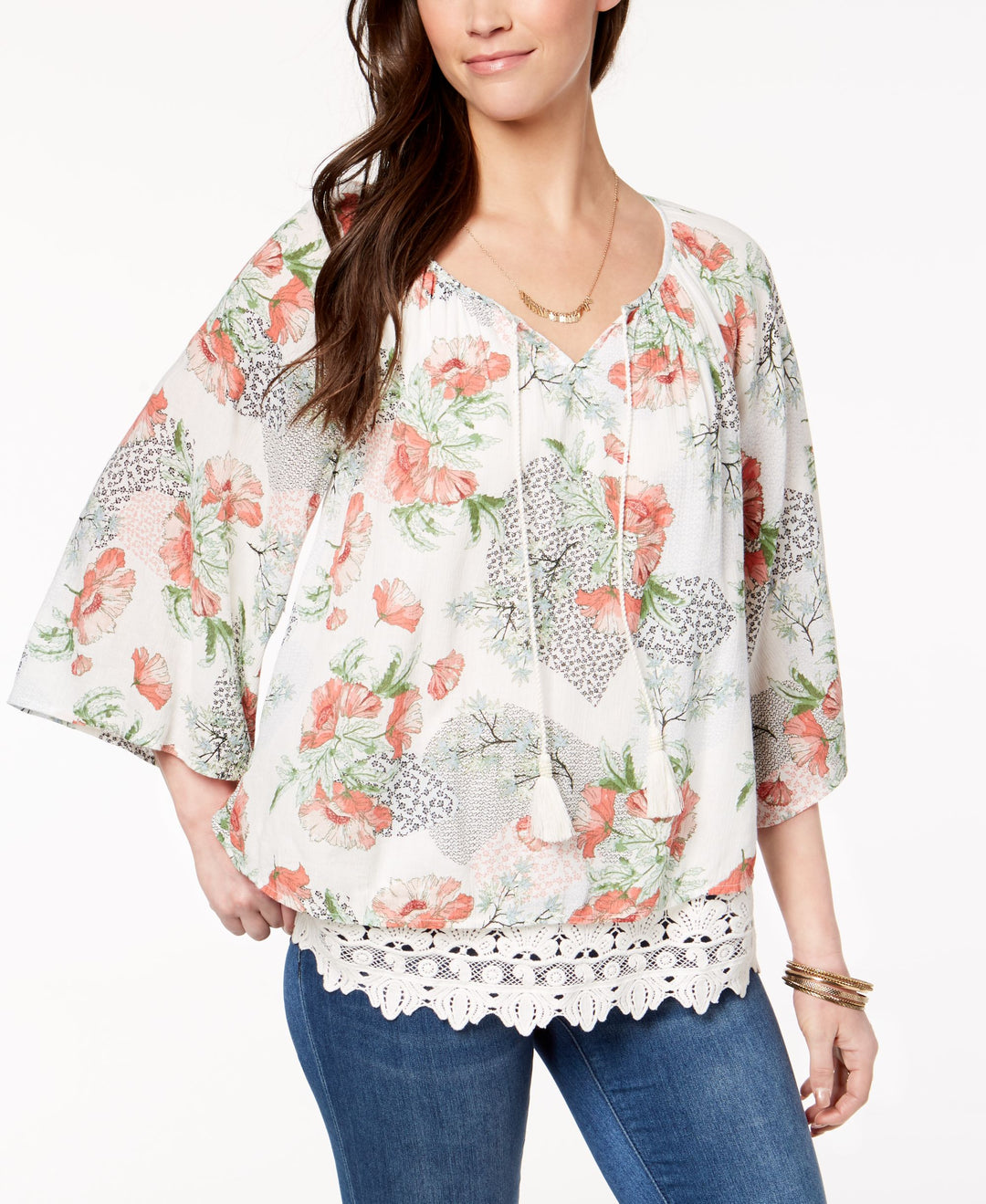 Style & Co Lace Hem Peasant Top