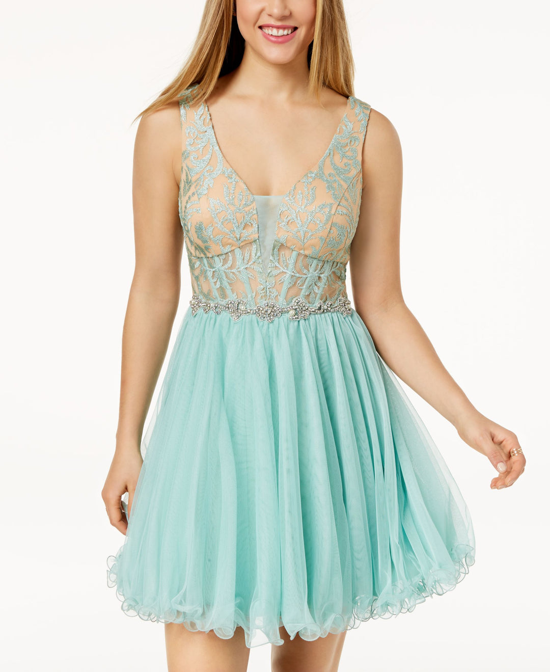 City Studios Juniors Embellished Lace Corset Fit Flare Dress