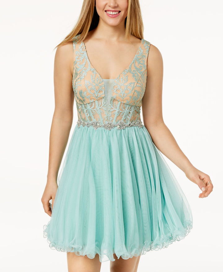 City Studios Juniors Embellished Lace Corset Fit Flare Dress