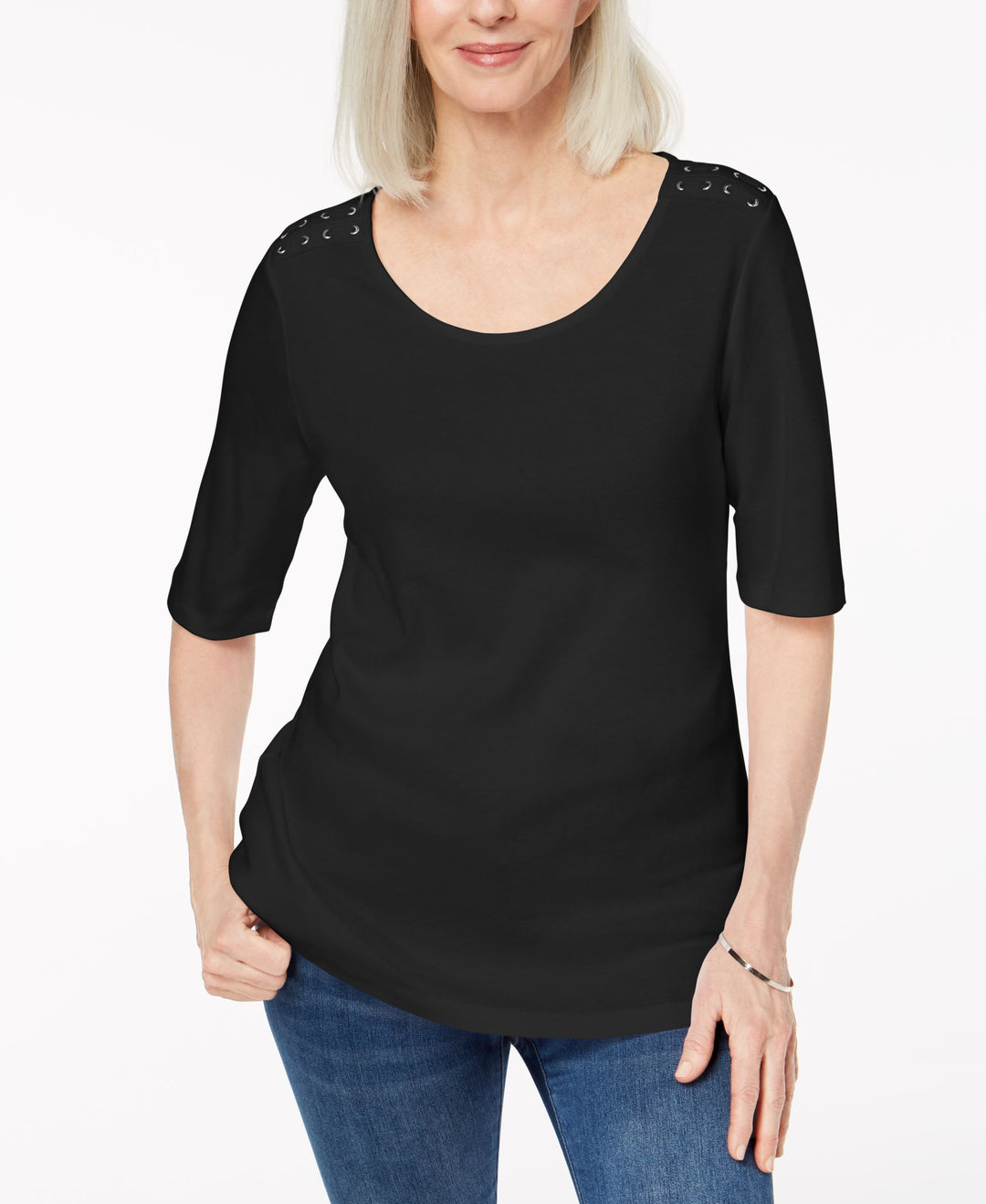 Karen Scott Cotton Laced Shoulder T-Shirt