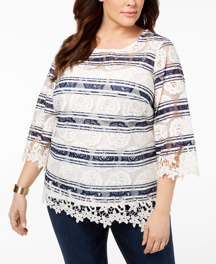 Charter Club Plus Size Striped Lace Blouse