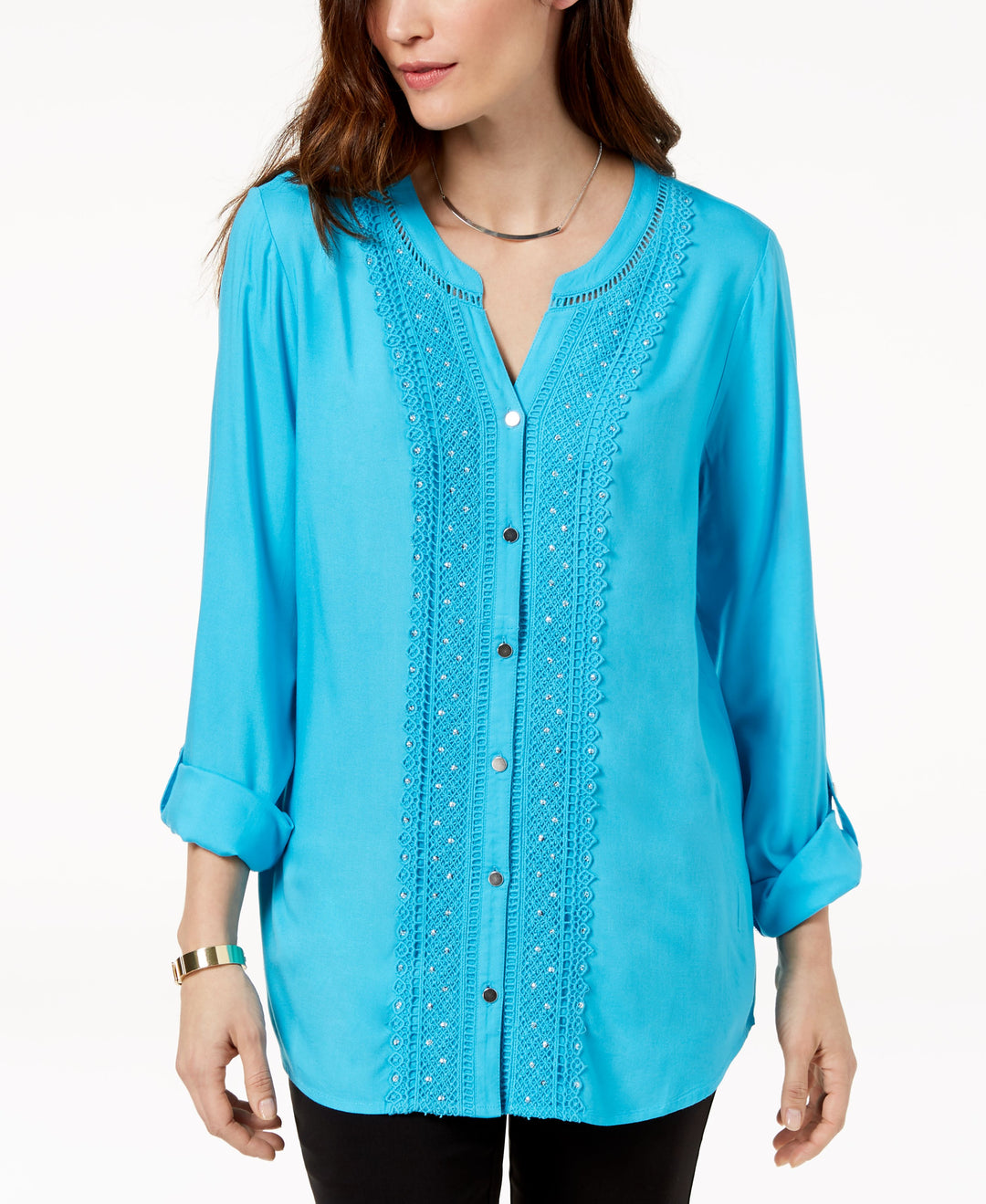 JM Collection Petite Embellished Crochet Front Shirt