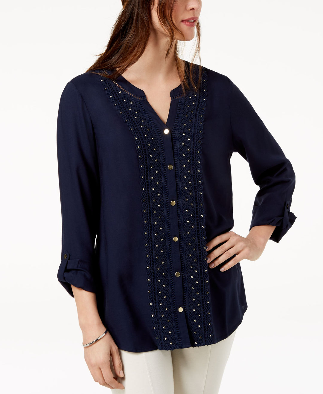JM Collection Petite Embellished Crochet Front Shirt