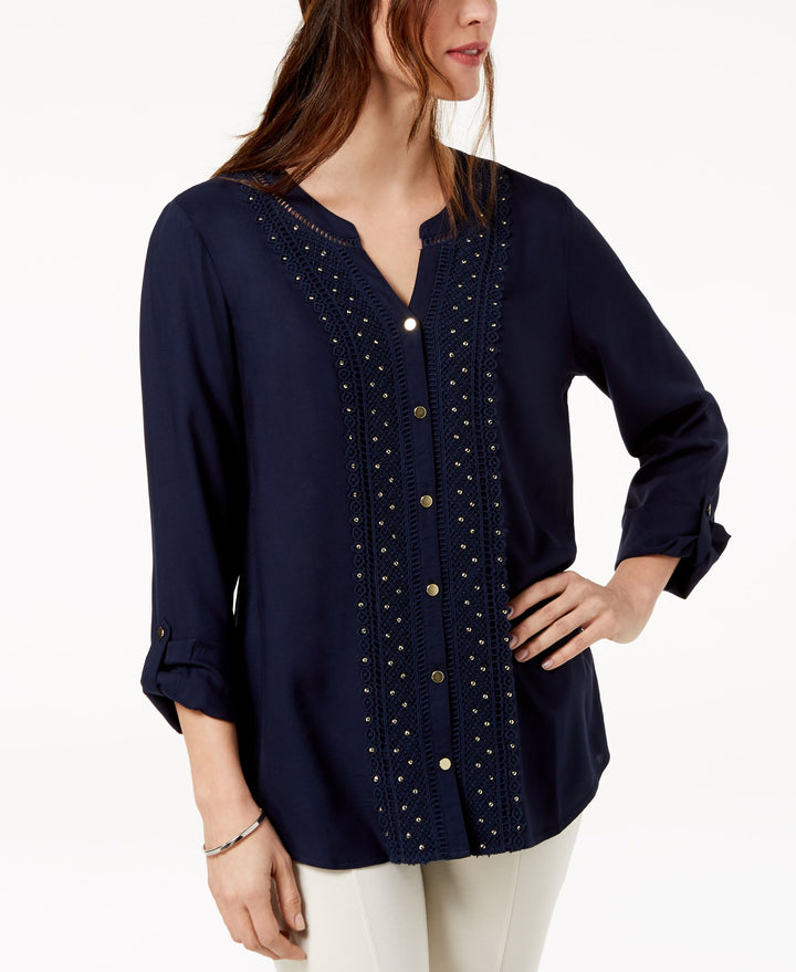 JM Collection Petite Embellished Crochet Front Shirt
