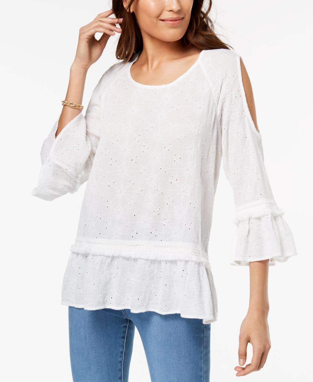 Style & Co Petite Eyelet Embroidered Cold Shoulder Top