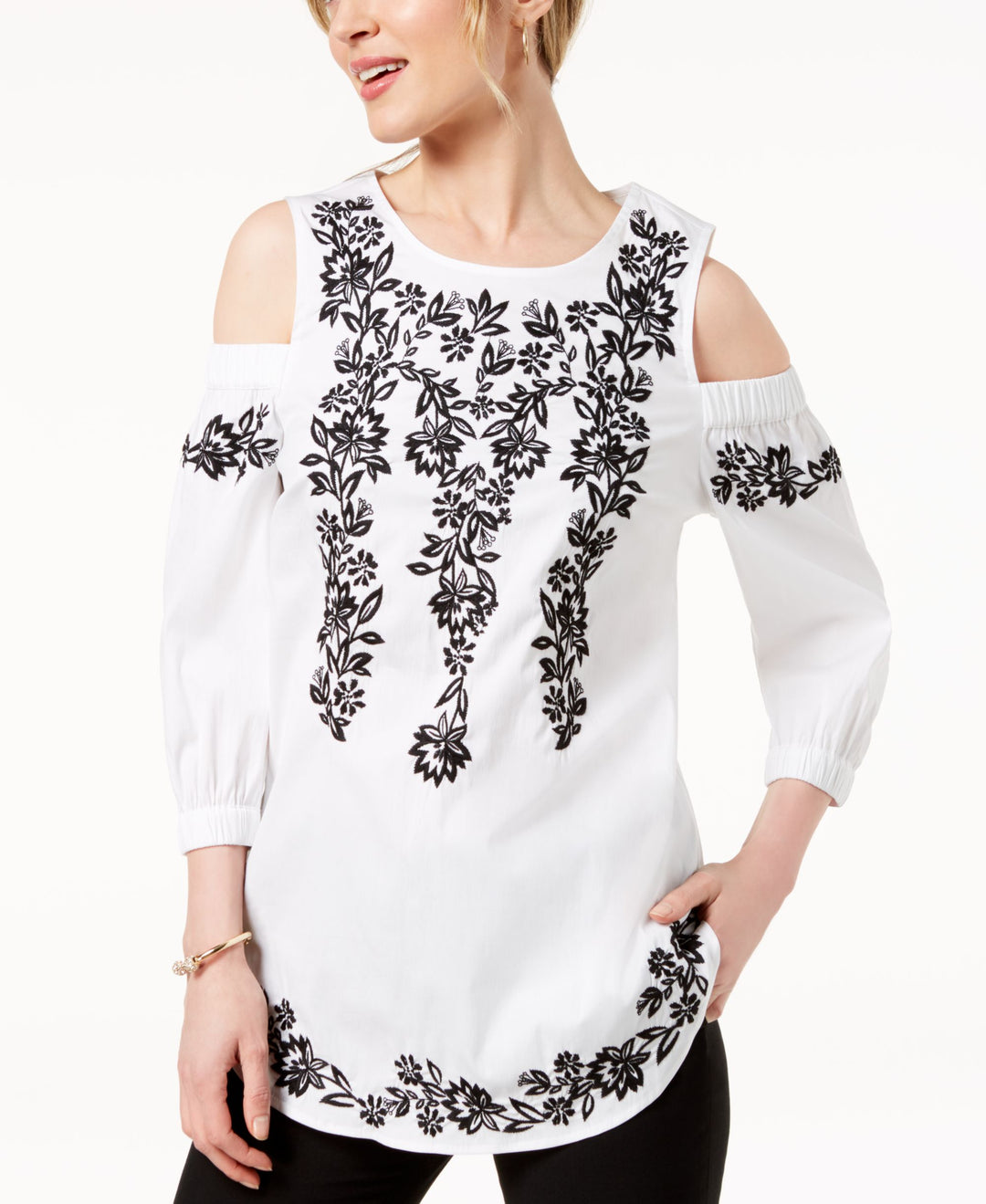 Charter Club Petite Embroidered Cold Shoulder Top
