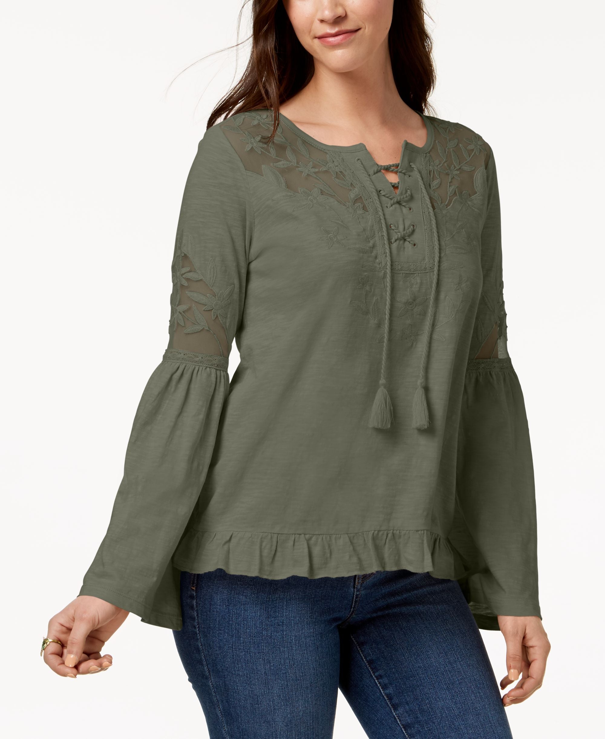 Style & Co Mesh Inset Peasant Top