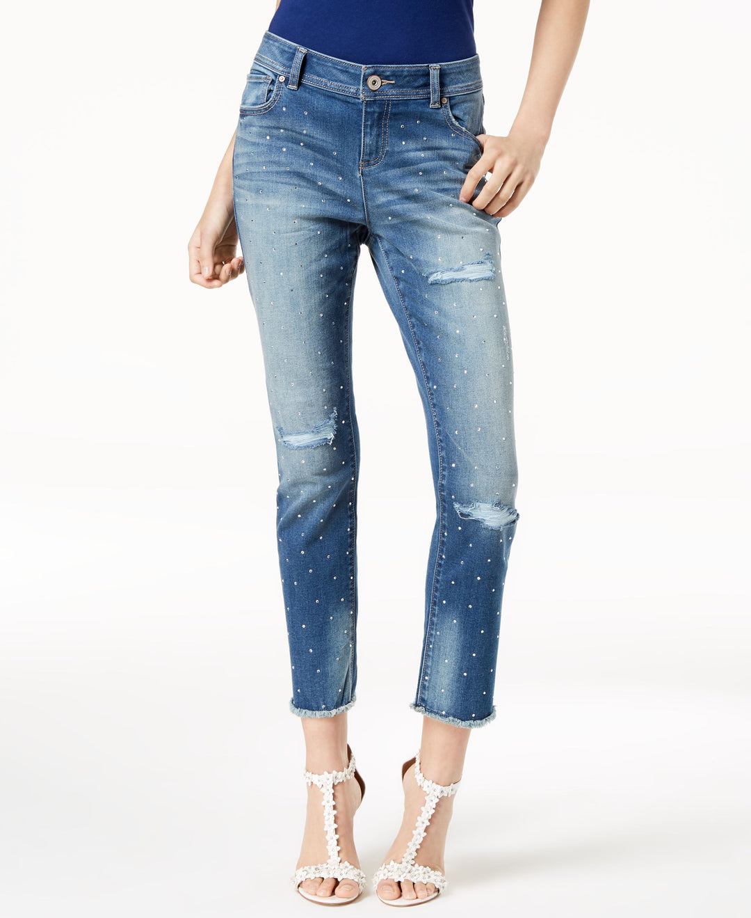Curvy Fit Studded Frayed Hem Jeans