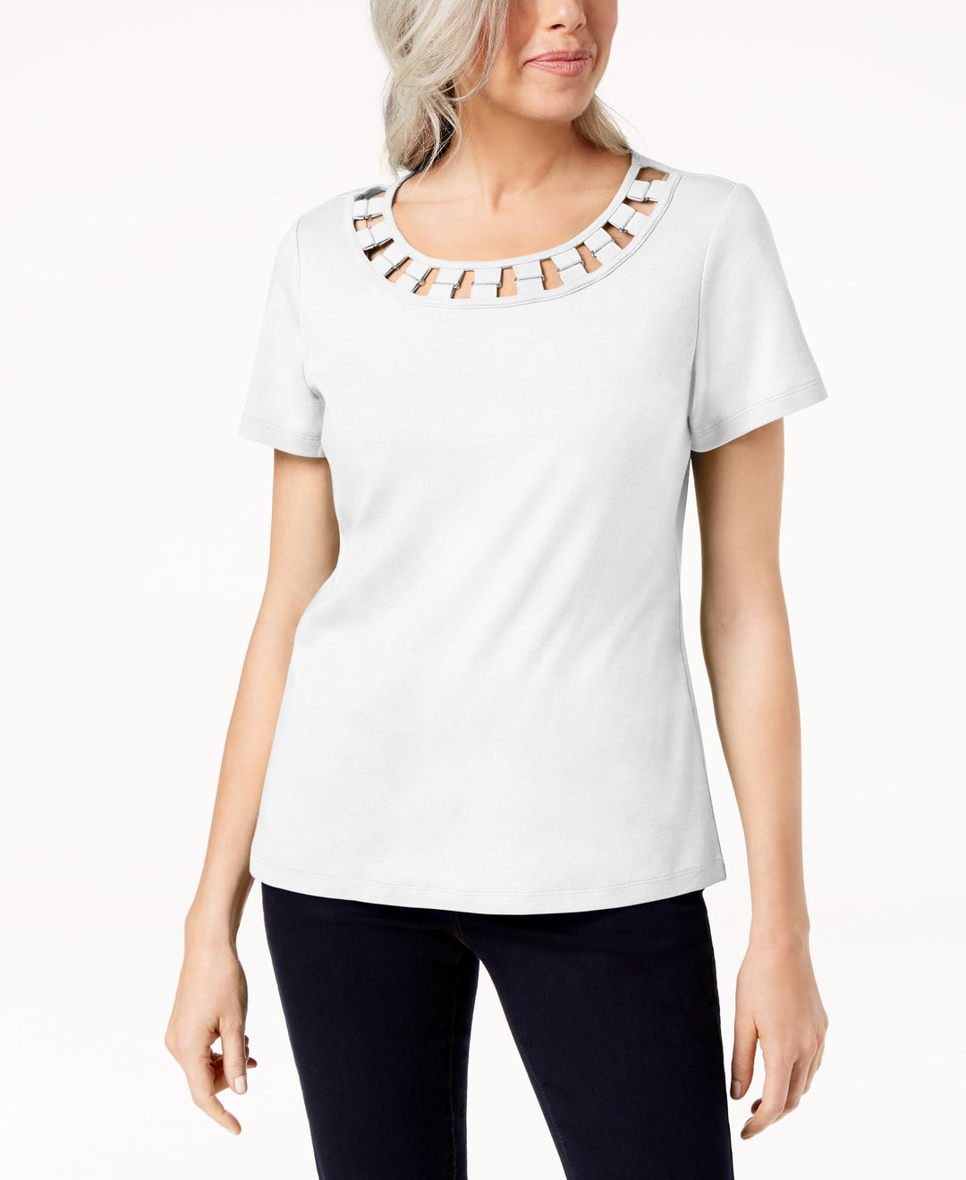 Karen Scott Hardware Embellished Cutout Cotton T-Shirt