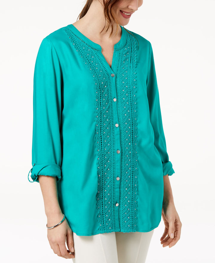 JM Collection Petite Embellished Crochet Front Shirt