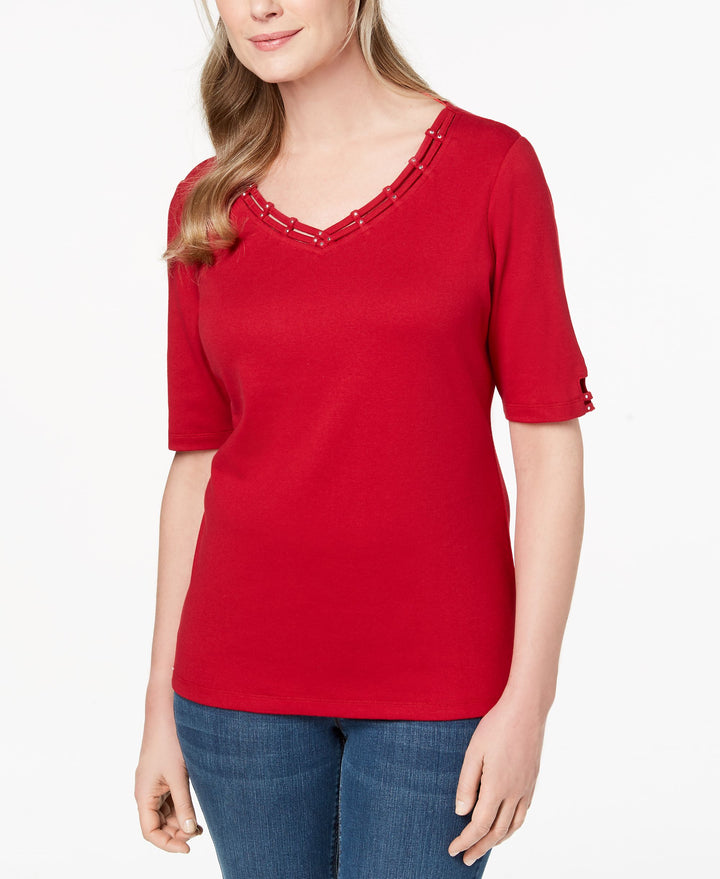 Karen Scott Cotton Embellished Cutout T-Shirt