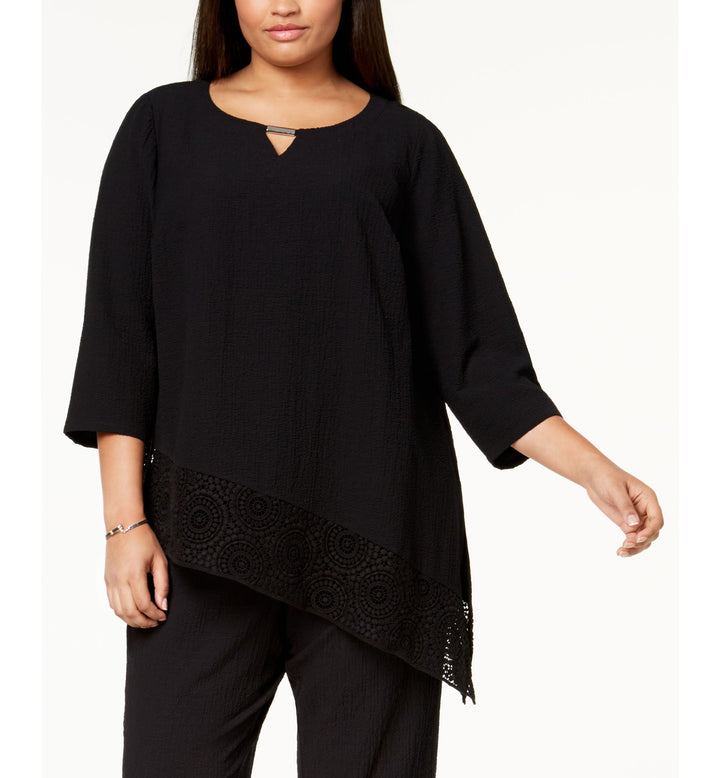 JM Collection Plus Size Crinkle Crochet Hem Top