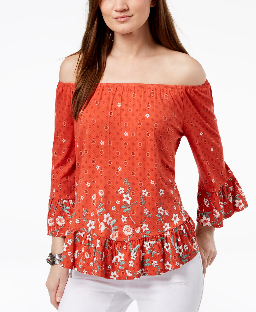 Style & Co Petite Printed Off The Shoulder Flounce Top
