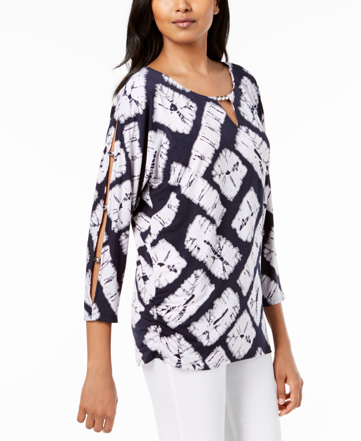 JM Collection Petite Printed Split Sleeve Keyhole Tunic