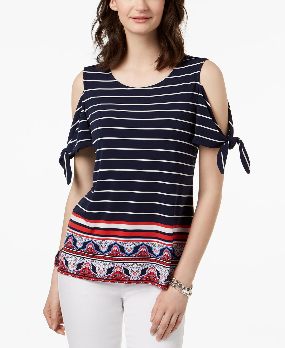 Charter Club Petite Tie Sleeve Cold Shoulder Top