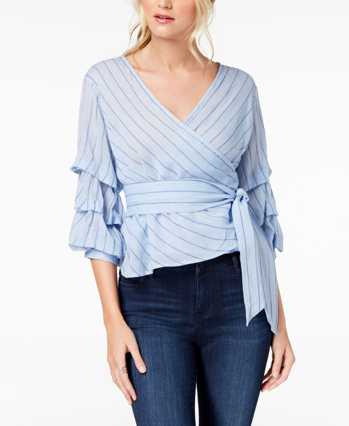 Bar III Printed Surplice Ruffled Sleeve Top