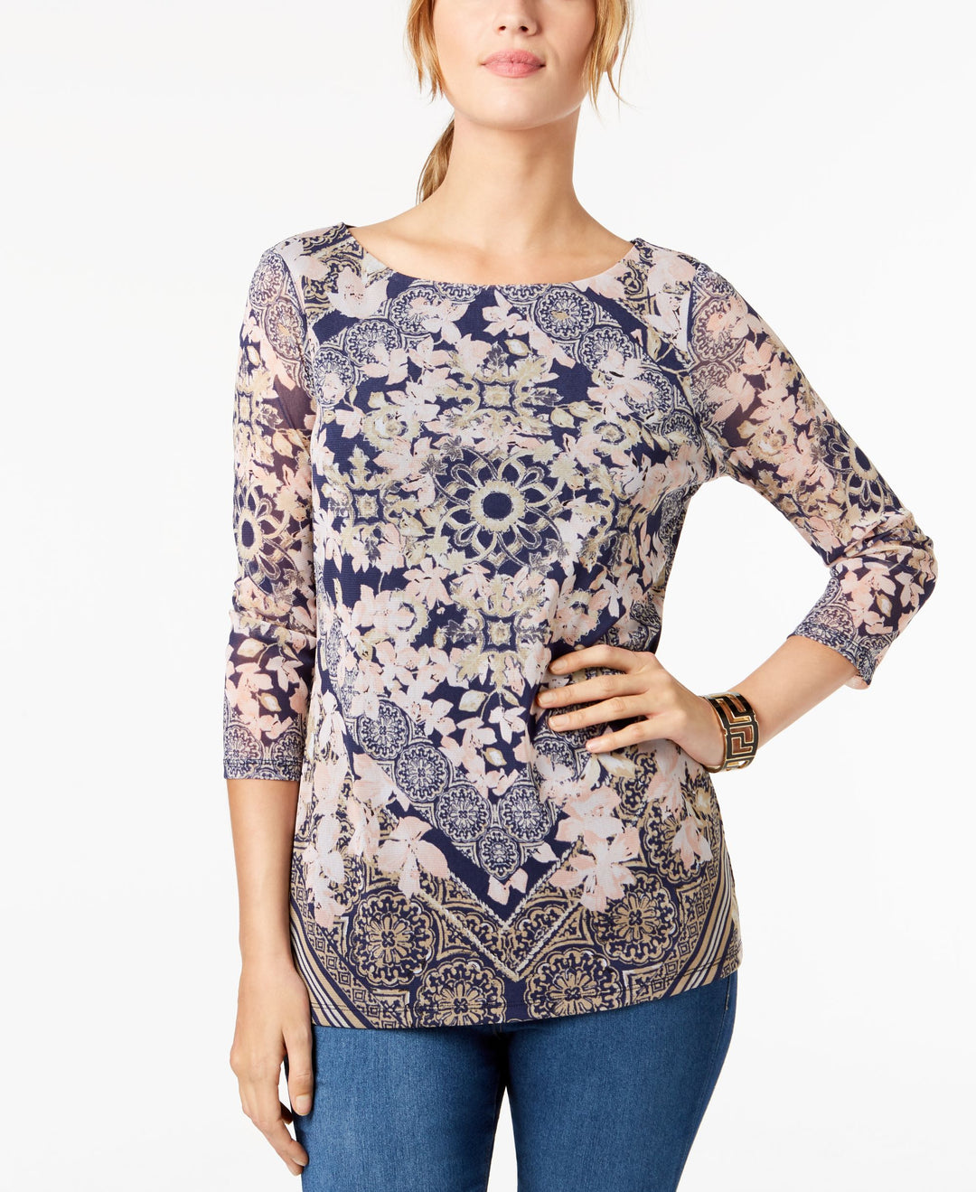 Charter Club Petite Printed Boat Neck Top